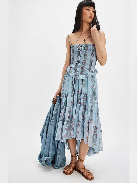 Free People Dresses & Skirts - Free People Alejandra Midi Dress Soft Blue Combo Floral Smocked Sundress Women's
